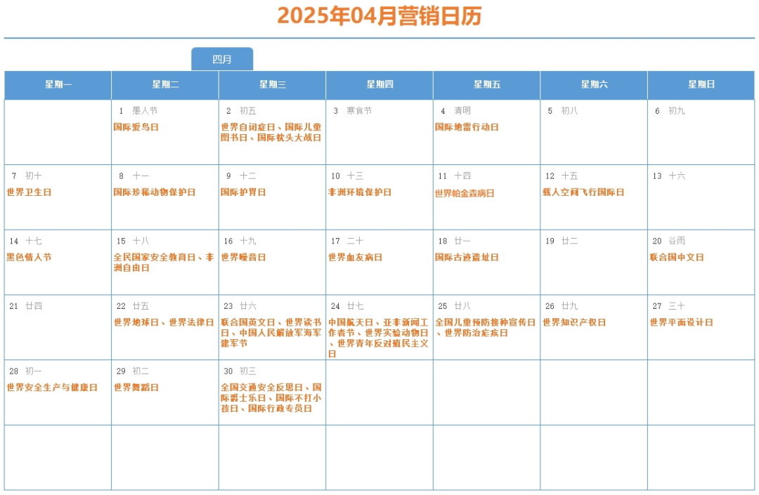 2025年04月完整营销日历，含41个节日（附高清/可编辑版）