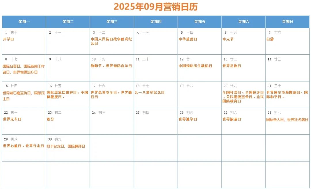 2025年09月完整营销日历，含35个节日（附高清/可编辑版）