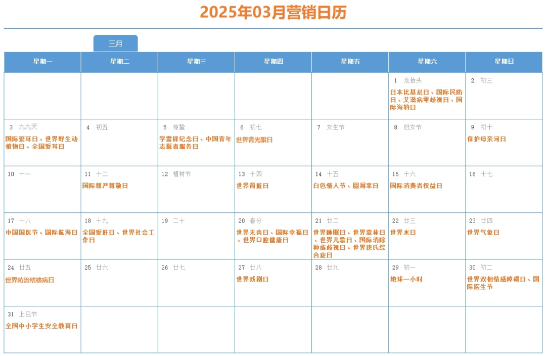 2025年03月完整营销日历,含42个节日(附高清/可编辑版)